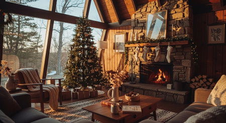Cozy wooden house interior with fireplace and christmas tree in winterの素材
