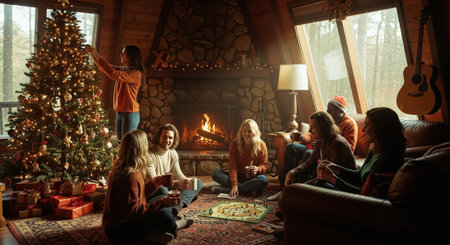 Group of friends sitting on the floor by the fireplace in the room decorated for Christmasの素材