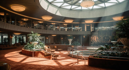 Interior of a hotel lobby with a large window and a wooden floorの素材