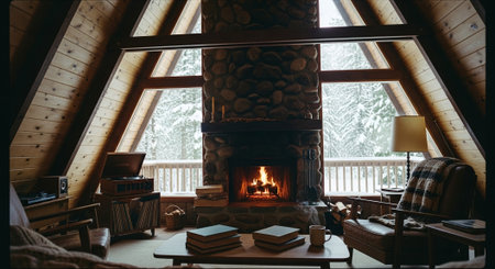 Interior of a country house with fireplace, comfortable armchair and booksの素材