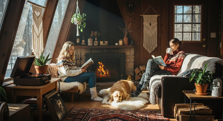 Young couple with dog reading a book in the living room at homeの素材
