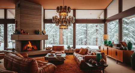 Interior of a modern living room in winter with fireplace and sofaの素材