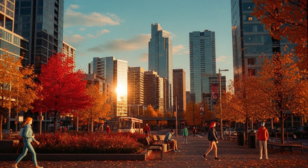 People walking in downtown Chicago at sunset.の素材