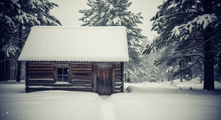 Wooden house in the forest in winter. Filtered image processed vintage effect.の素材