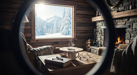 Interior of a country house in the mountains. View through a magnifying glass.の素材