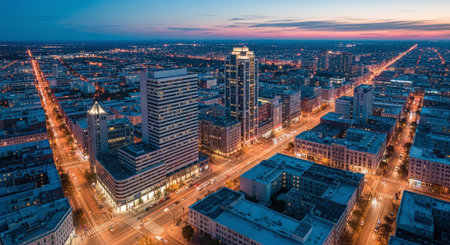 Aerial panorama of the city of Warsaw at sunset, Polandの素材