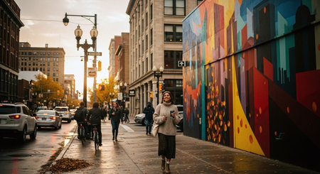 Manhattan street scene, people walking on the street.の素材