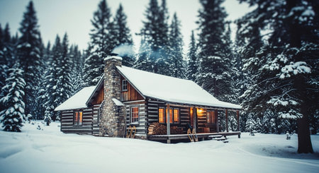 Beautiful wooden house in winter forest. Vintage style toned pictureの素材