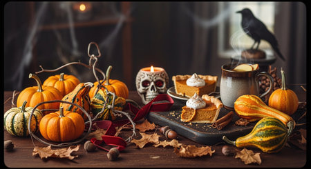 Halloween still life with pumpkins, candies and coffee on wooden tableの素材
