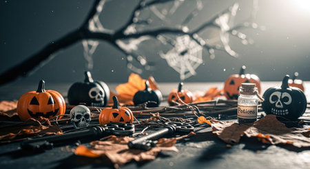 Halloween background with pumpkins, spiders and other decorations. Selective focus.の素材