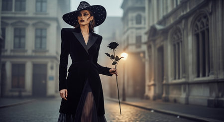 Fashion shot of a beautiful woman in a black coat and hat posing with a rose.の素材