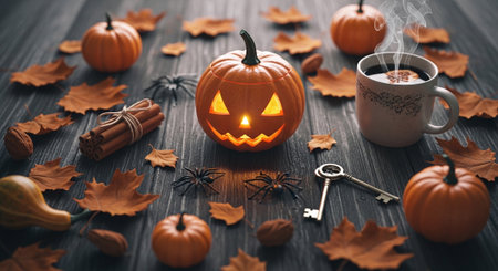 Halloween pumpkin with coffee cup, spices and leaves on wooden backgroundの素材