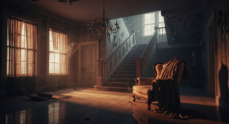 Interior of an old abandoned house. 3d render illustration.の素材
