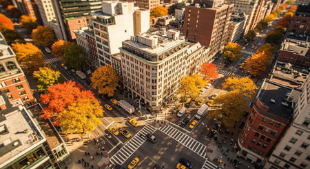 Aerial view of Manhattan in New York City during autumn season.の素材