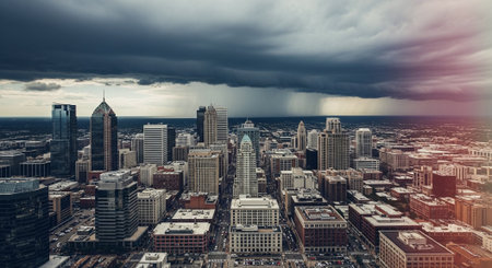 Aerial view of downtown Los Angeles, California with stormy sky.の素材