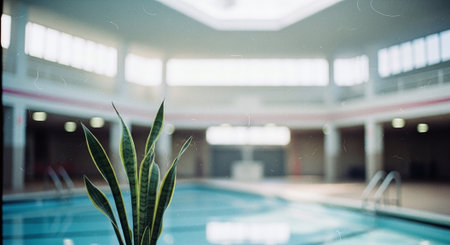 Indoor swimming pool with green plant and blurred background, selective focusの素材