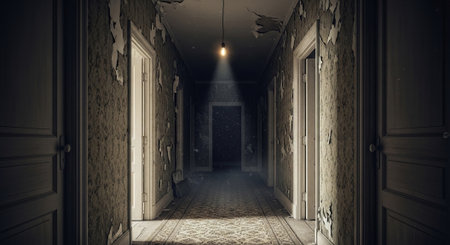 The dark corridor of an abandoned building, 3d rendering. Computer digital drawing.の素材