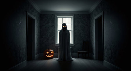 Halloween concept. Scary ghost in dark room with window. Mixed mediaの素材