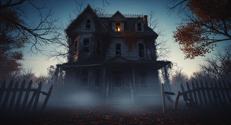 Haunted house in the forest. Halloween concept. 3D Renderingの素材