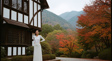 Beautiful bride in white wedding dress posing on the background of autumn landscapeの素材