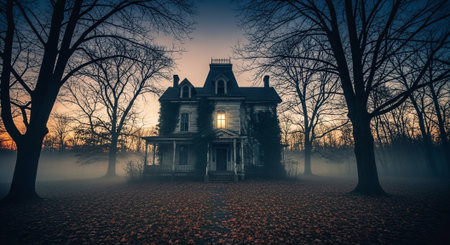 Mysterious old house in a foggy forest. Halloween backgroundの素材