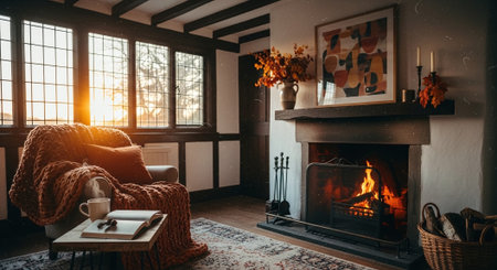 Cozy home interior with fireplace, armchair, coffee cup and knitted plaid.の素材