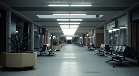 Interior of a hospital corridor with empty chairs and copy space.の素材