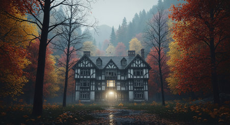 Autumn landscape with old house in foggy forest. 3D renderingの素材