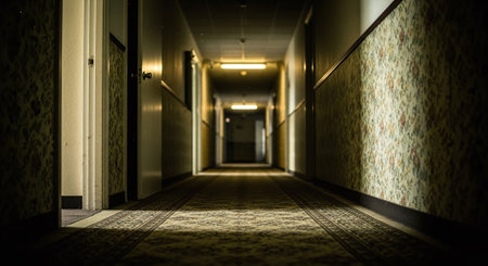 Interior of a hotel corridor with light coming from the end.の素材
