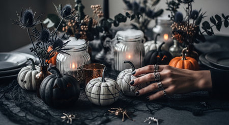 Halloween table setting with pumpkins, candles and vintage silverware.の素材