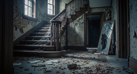 Grunge interior of an old house with broken windows and stairsの素材