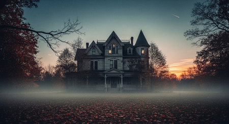 Abandoned house in a foggy forest. Halloween background.の素材