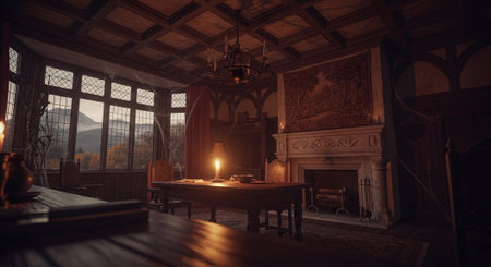 Interior of medieval castle with fireplace and wooden table. 3d renderingの素材