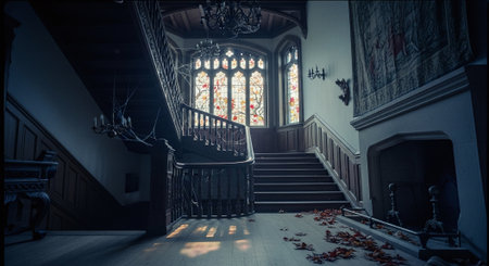 Interior view of an old church with a staircase in the foregroundの素材
