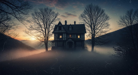 Old wooden house in the fog at sunset. 3D Renderingの素材