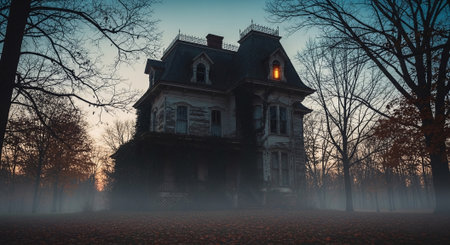 Old abandoned mansion in a foggy autumn park. Halloween concept.の素材