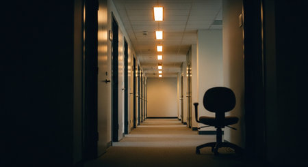 Long corridor in modern office building. Long corridor with light bulbs.の素材