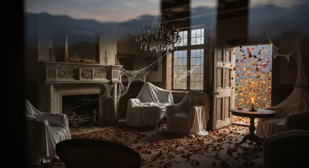 Scary halloween interior with cobwebs and spiders. 3d renderの素材