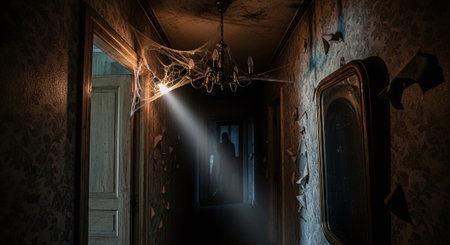 Creepy halloween scene with haunted house and cobwebsの素材