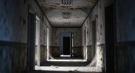 Creepy halloween corridor with light coming from the endの素材