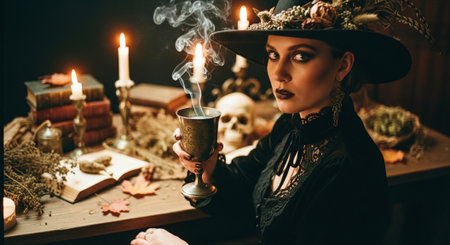 Portrait of a beautiful witch with a cup of tea. Halloween.の素材