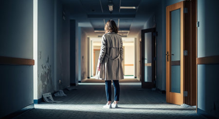 Young woman in trench coat walking in corridor of hospital. Mixed mediaの素材