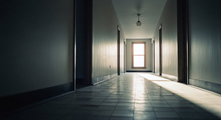 A long corridor in a building with an open door and a windowの素材