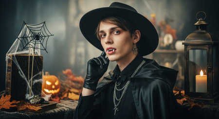 Beautiful young woman in witch costume and hat posing in the halloween decorations.の素材