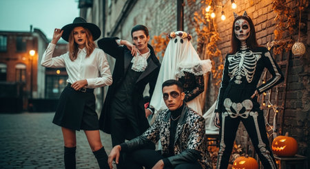 Halloween. Group of young beautiful people in costumes and makeup posing on the street.の素材