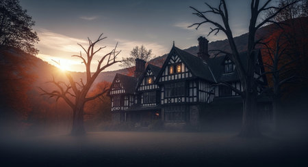 Houses in the misty forest at sunset. Halloween concept.の素材