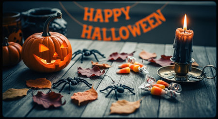Halloween background with jack o lanterns, candies and spidersの素材