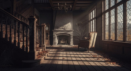 Vintage interior of an old house with a fireplace. 3d renderの素材