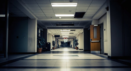 Interior of a modern hospital corridor with lights and reflections. Toned.の素材