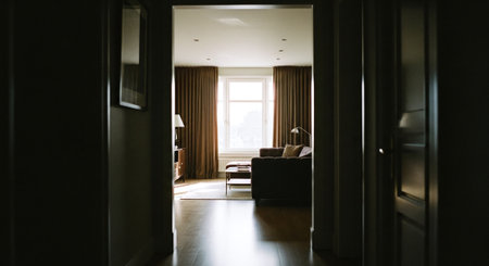 Interior of a hotel room with a large window in the backgroundの素材